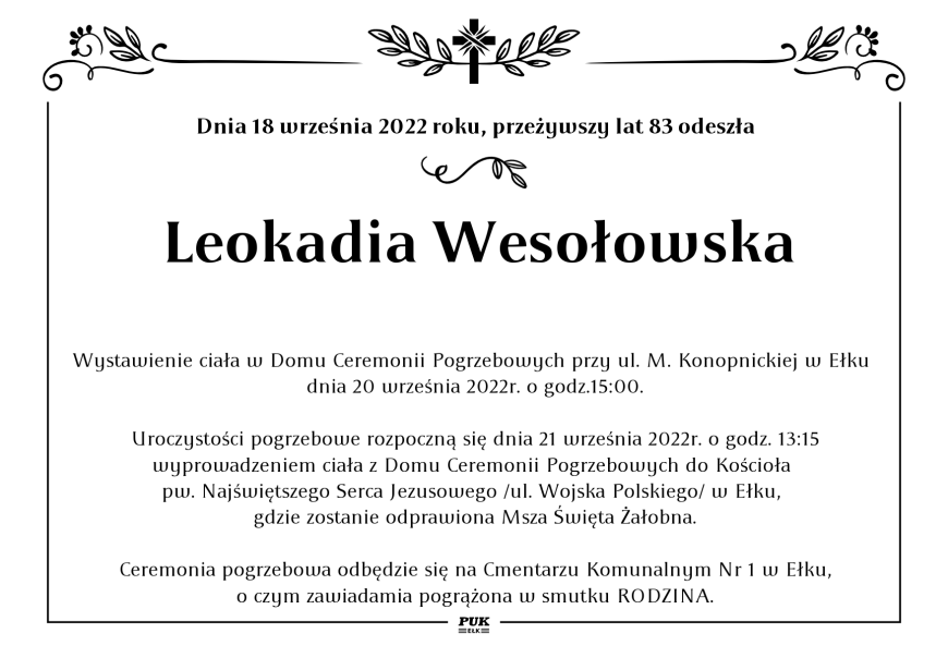 Leokadia Wesołowska - nekrolog